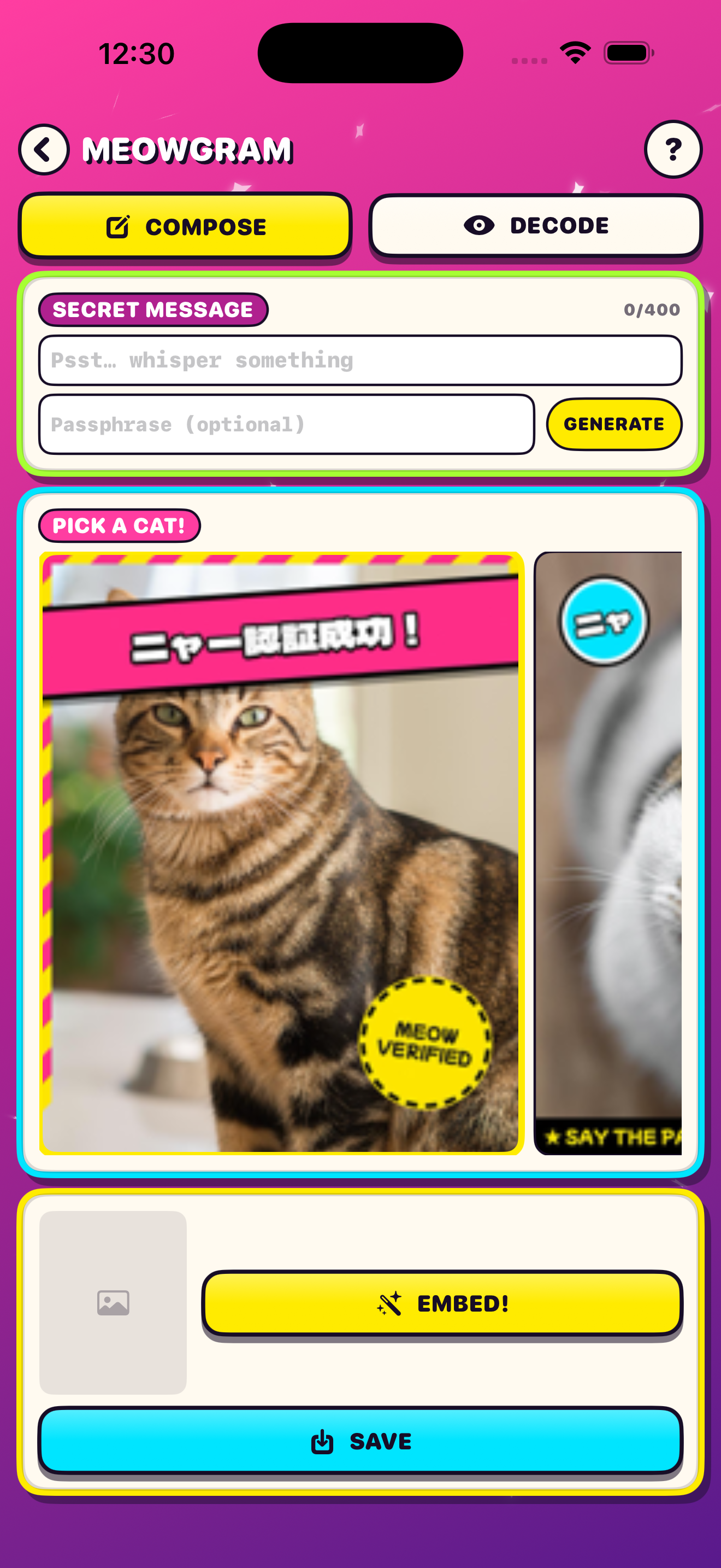 MeowGram compose screen — pick a cat and hide a message