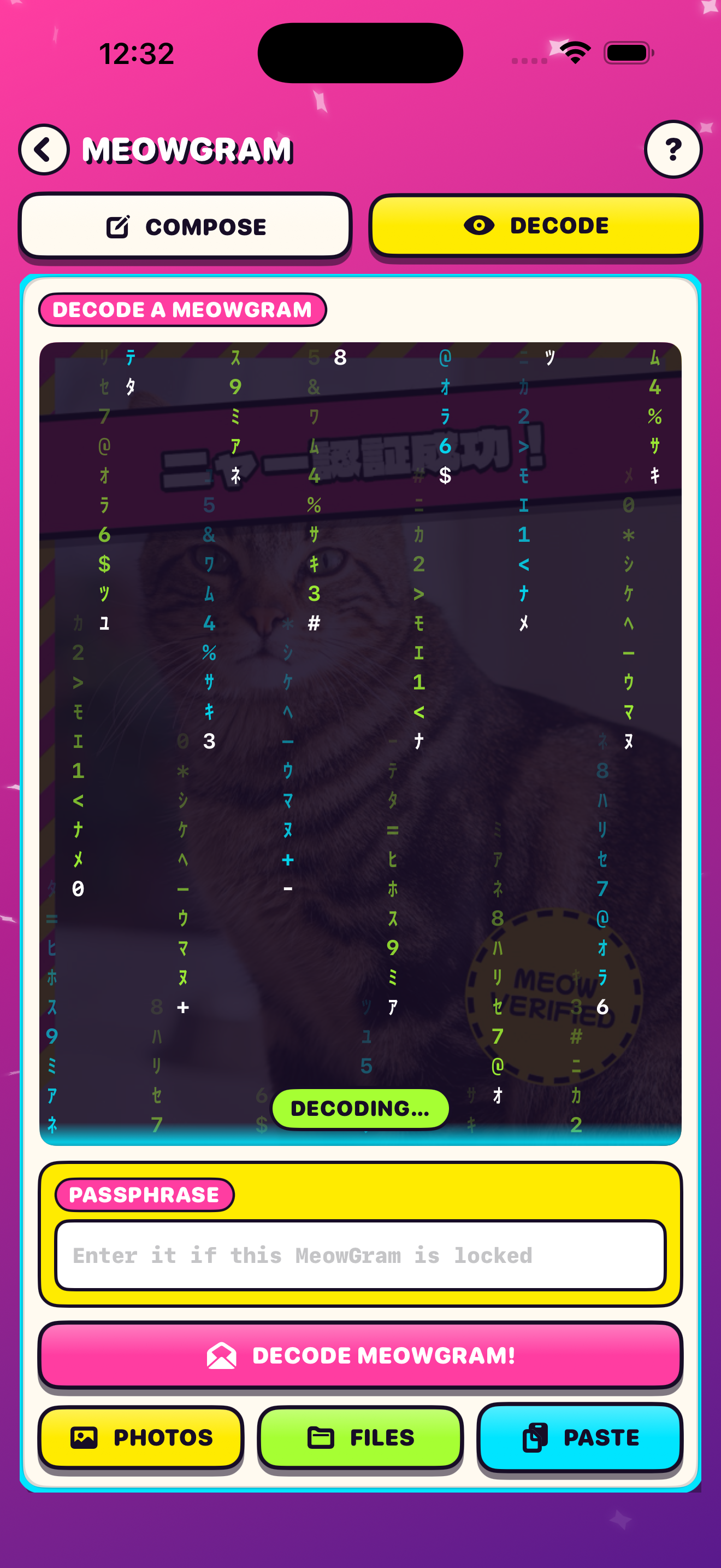 MeowGram decode screen — reveal a hidden message