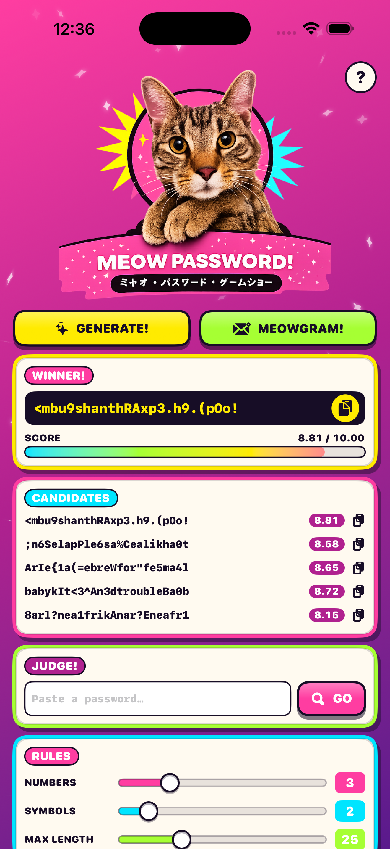 Generate screen — a winning password with a score meter